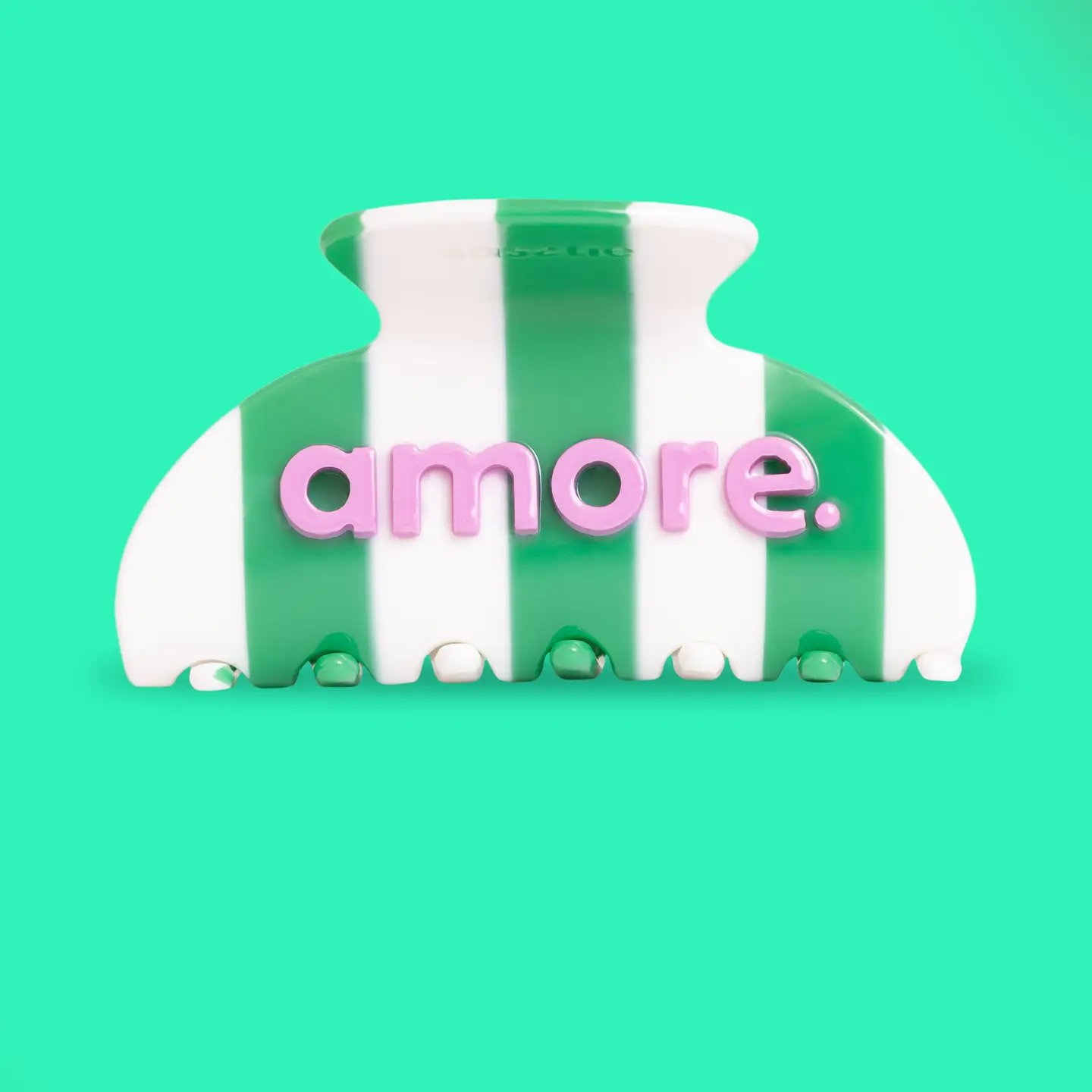 Pince à cheveux amore. en résine rayée vert et blanc